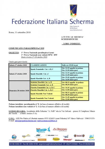 Comunicato paralimpico n° 2/19